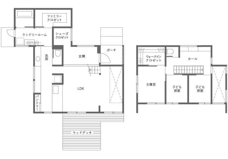 夫婦と子供2人のこだわりキッチンの2階建ての間取り