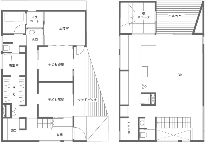 夫婦と子供2人の開放的な2階建ての間取り