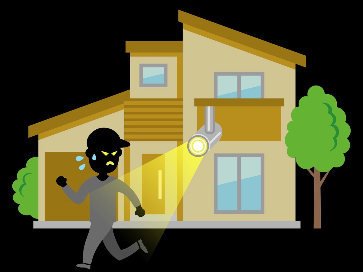 防犯ライトに驚いて逃げる泥棒のイラスト