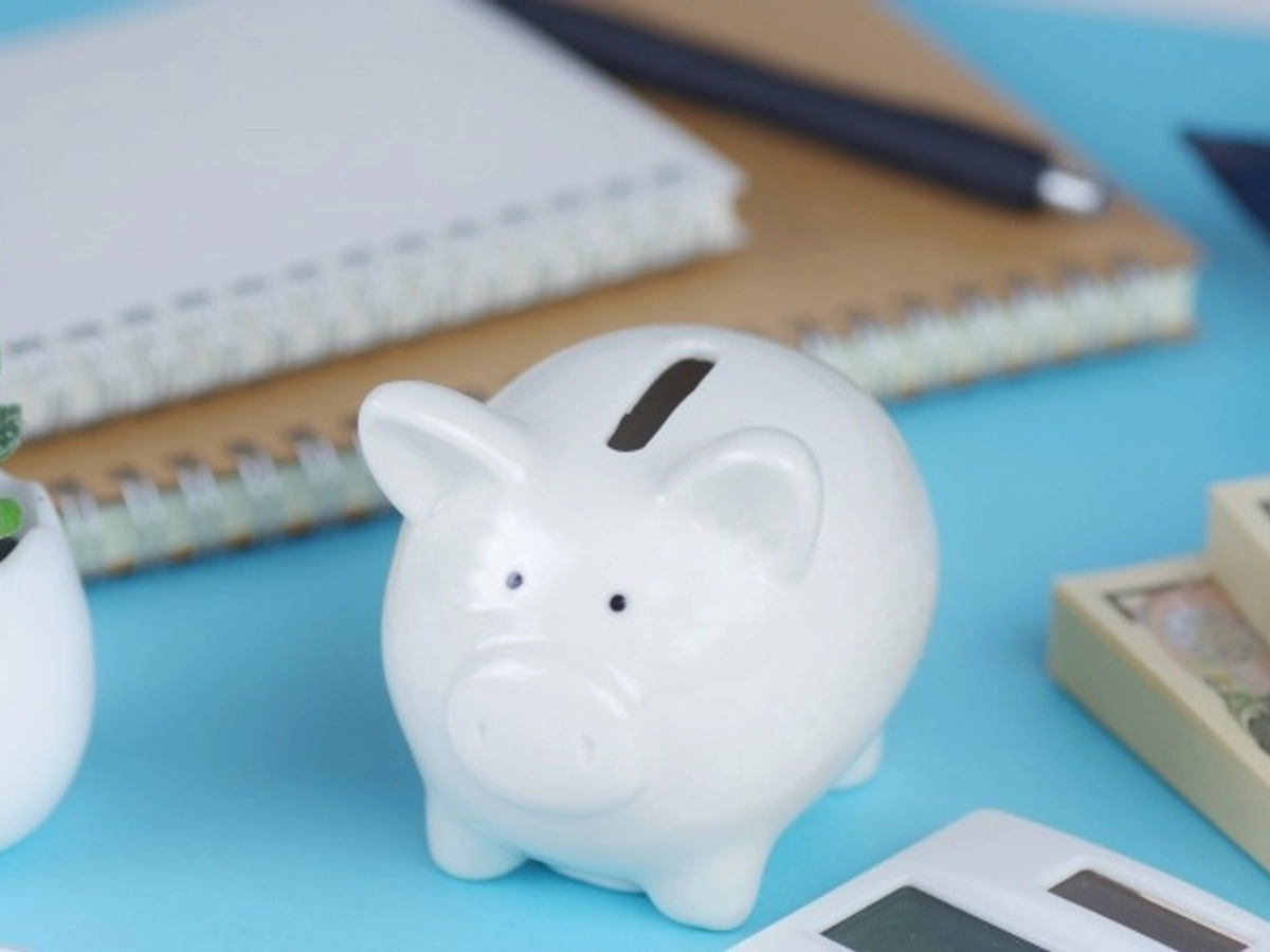 お金をイメージした白い豚の貯金箱