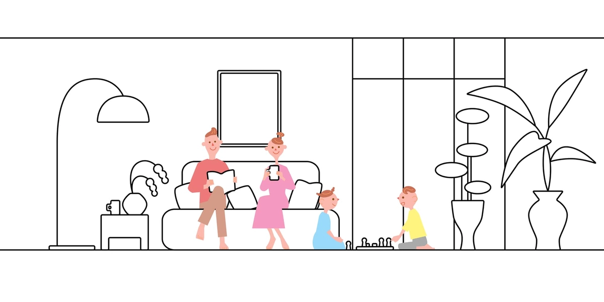 リビングでくつろぐファミリーの線画