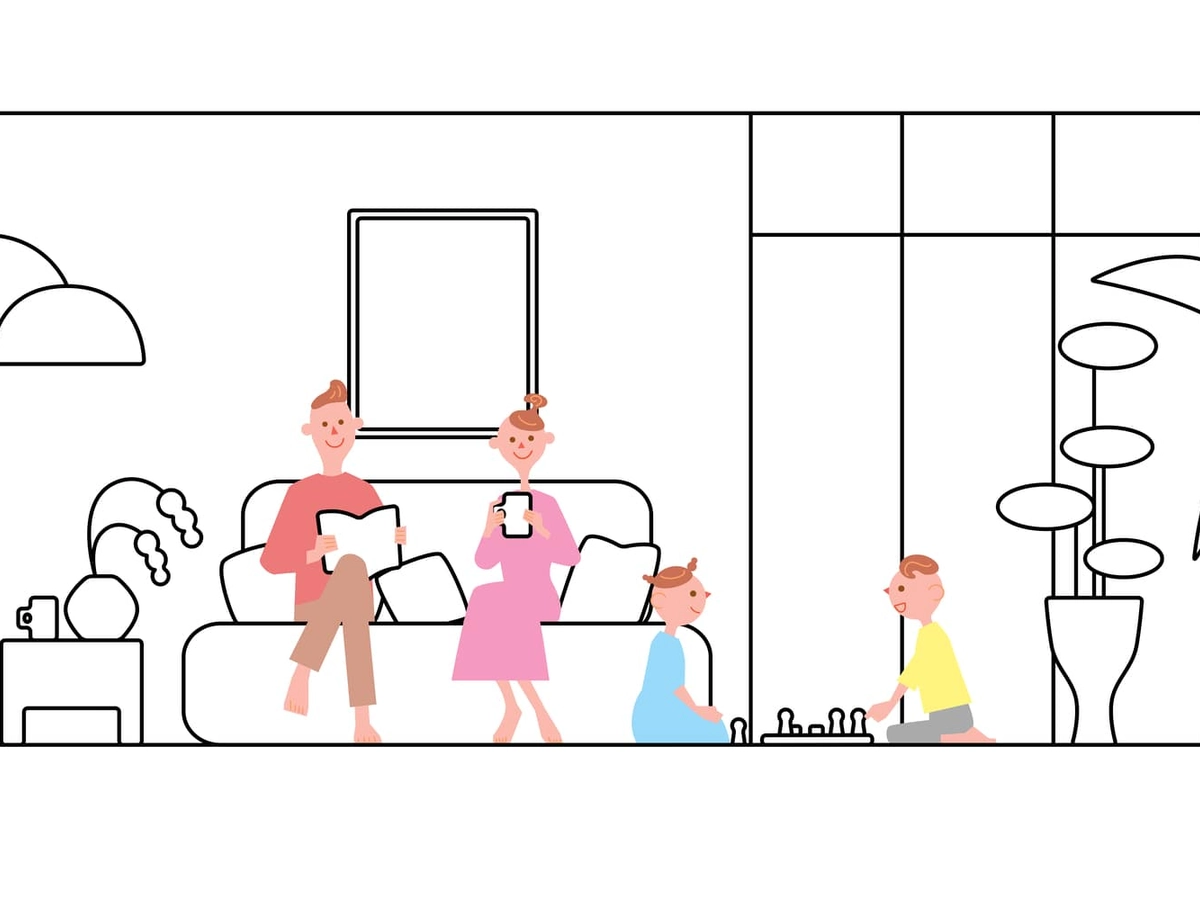 リビングでくつろぐファミリーの線画