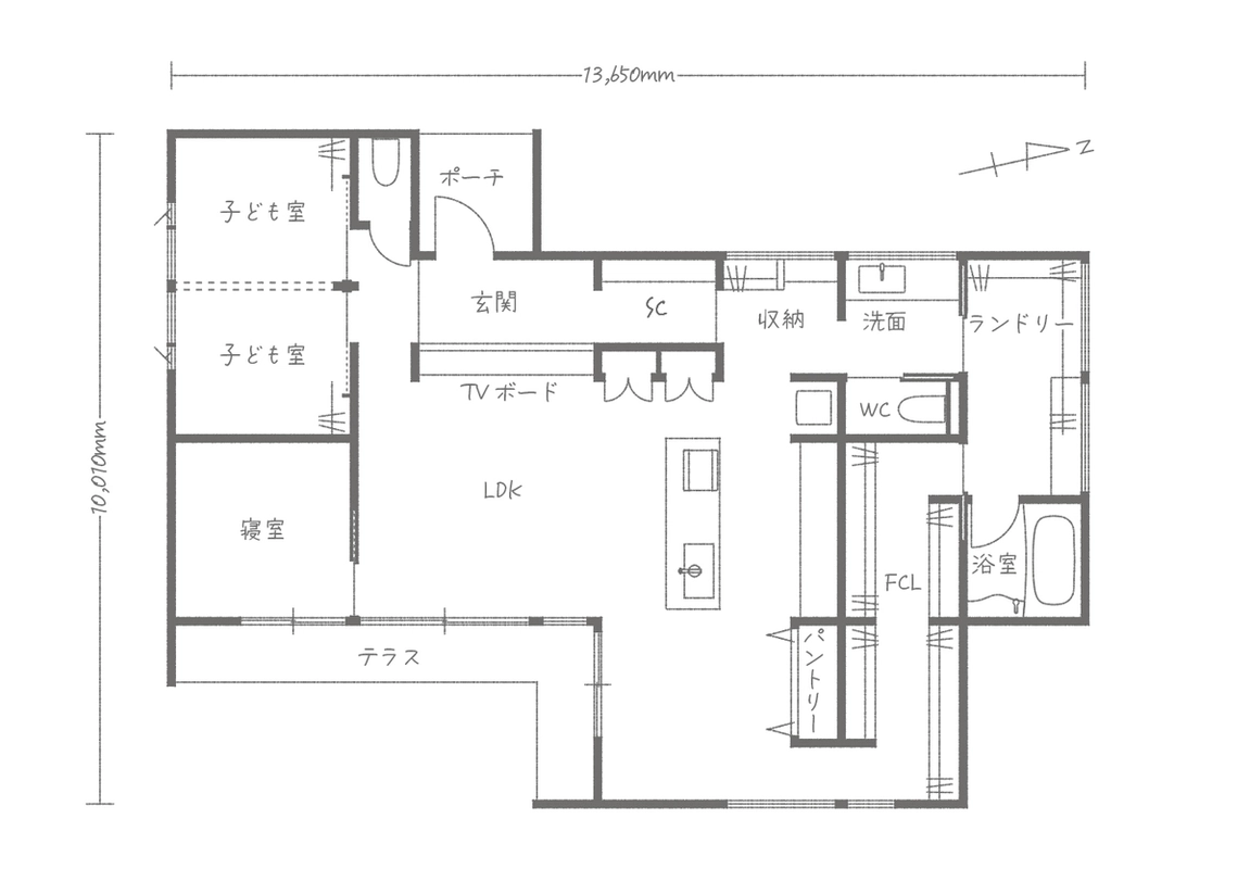 回遊動線と広々としたテラスがある平屋の間取り図