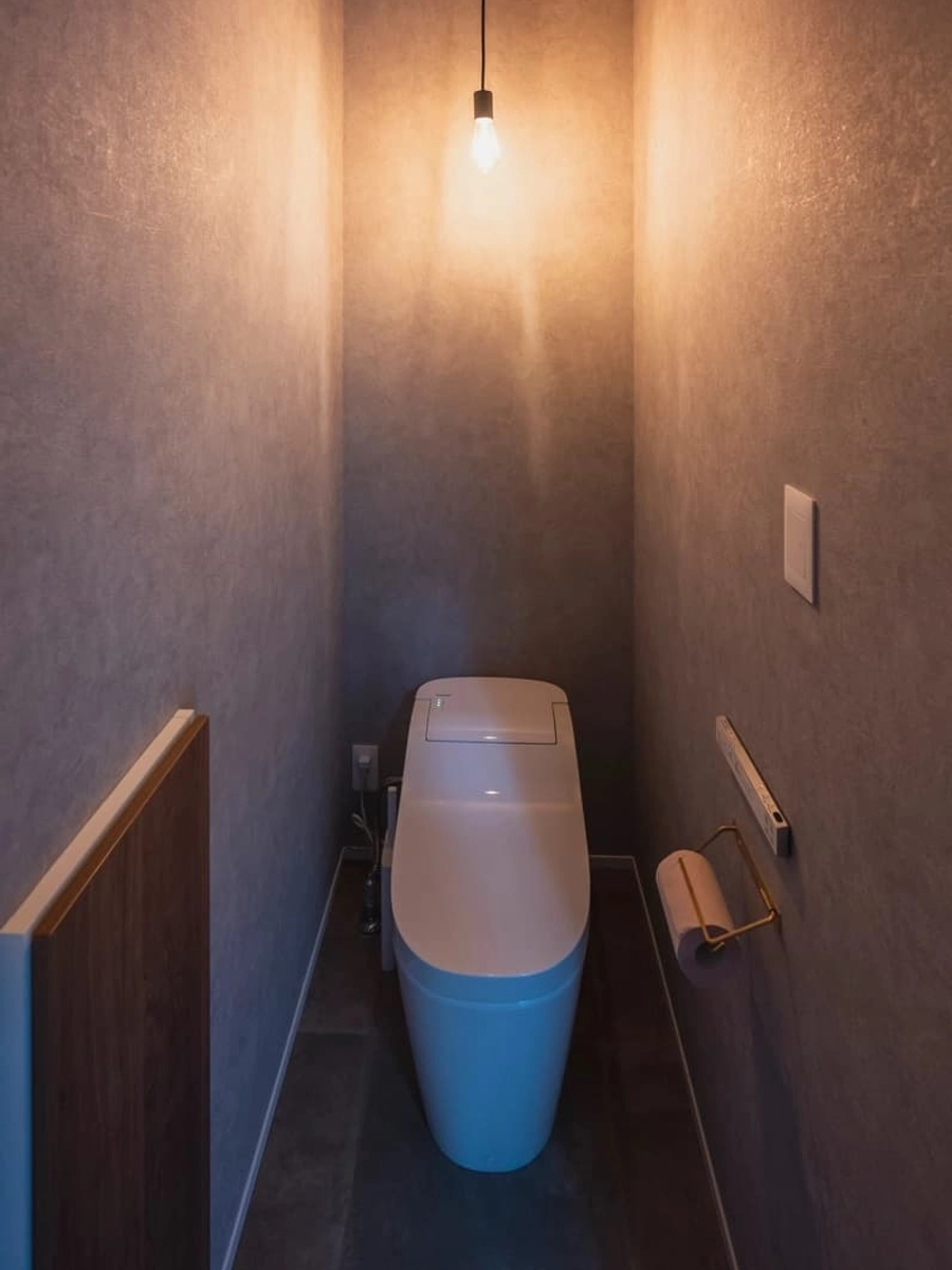 ペンダントライトの暗めの照明のトイレ