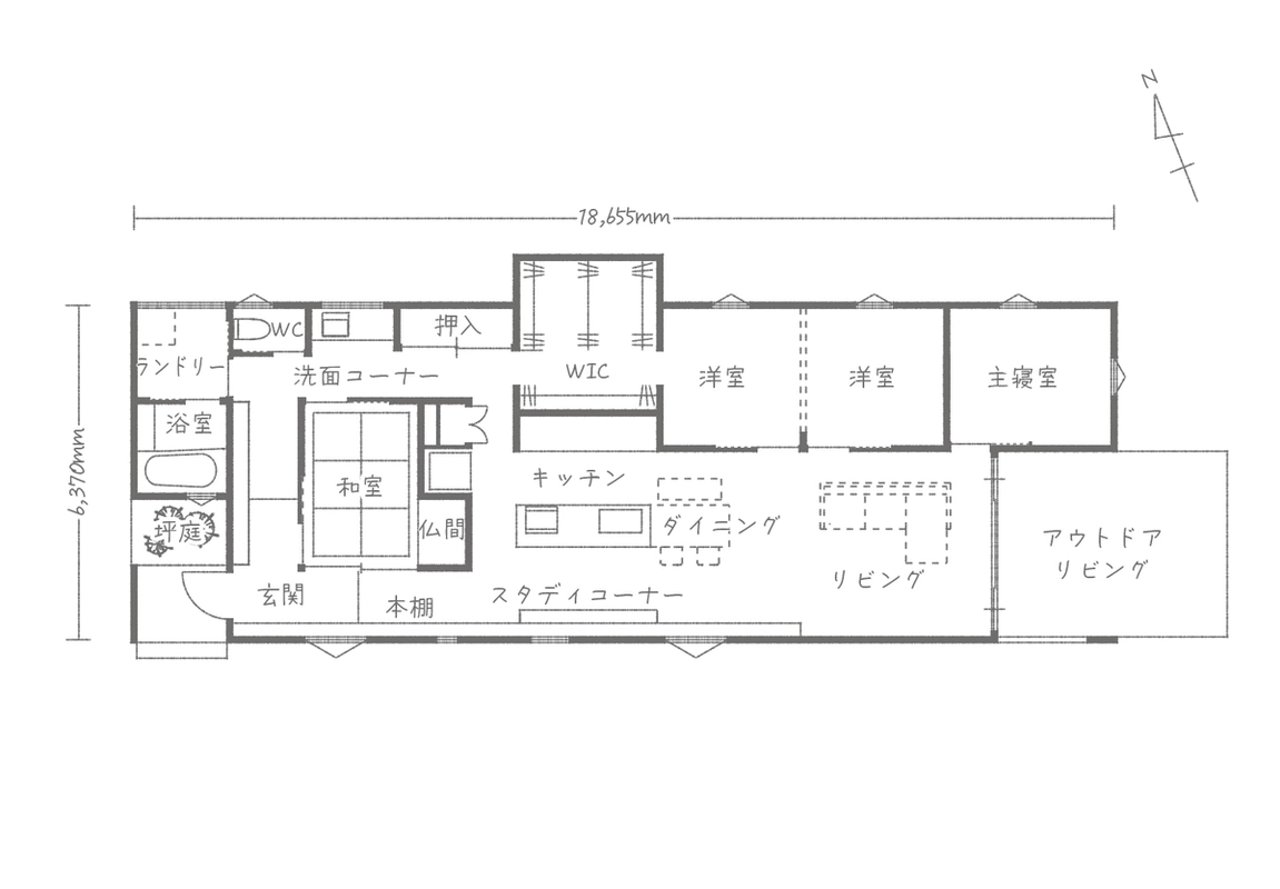 和室やスタディコーナーがある平屋の間取り図