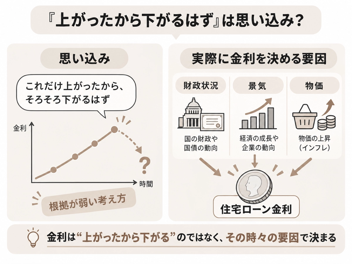 「上がったから下がるはず」という思い込みと、実際に金利を決める要因（財政状況・景気・物価）を対比して説明する図