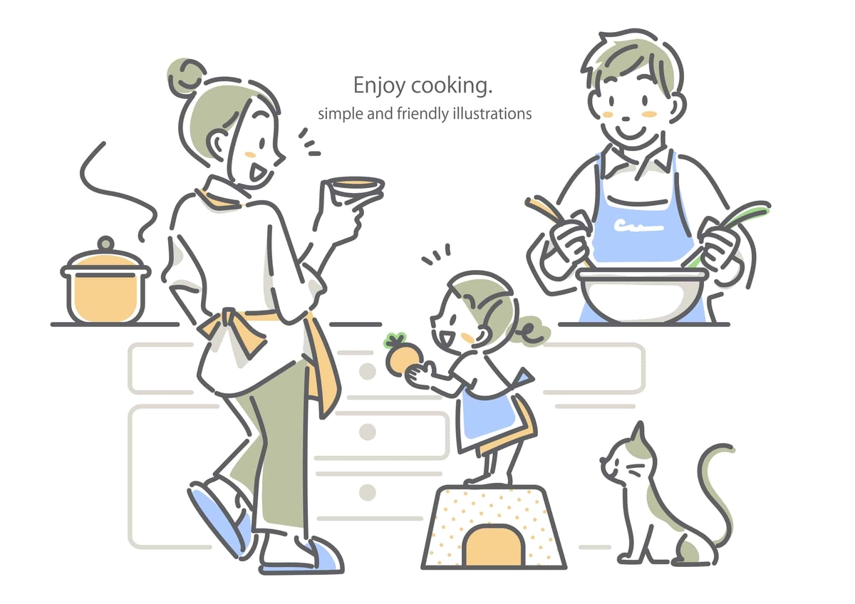 一緒に楽しく料理をする若い家族