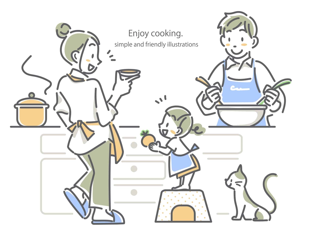 一緒に楽しく料理をする若い家族