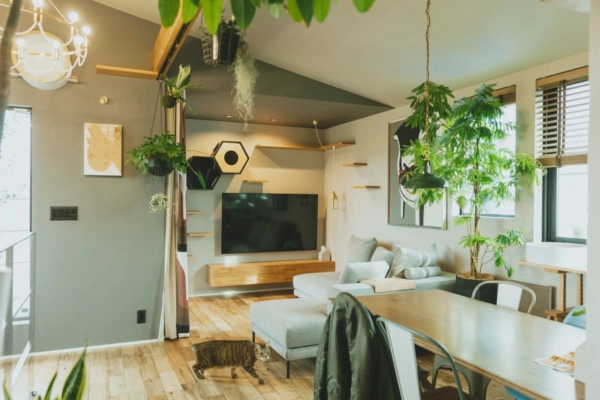 キジ猫と開放的で緑豊かなリビング