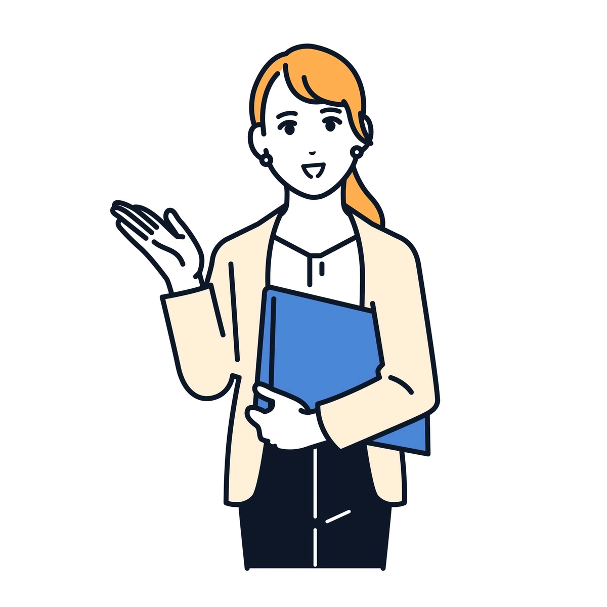 案内をするジャケットの女性