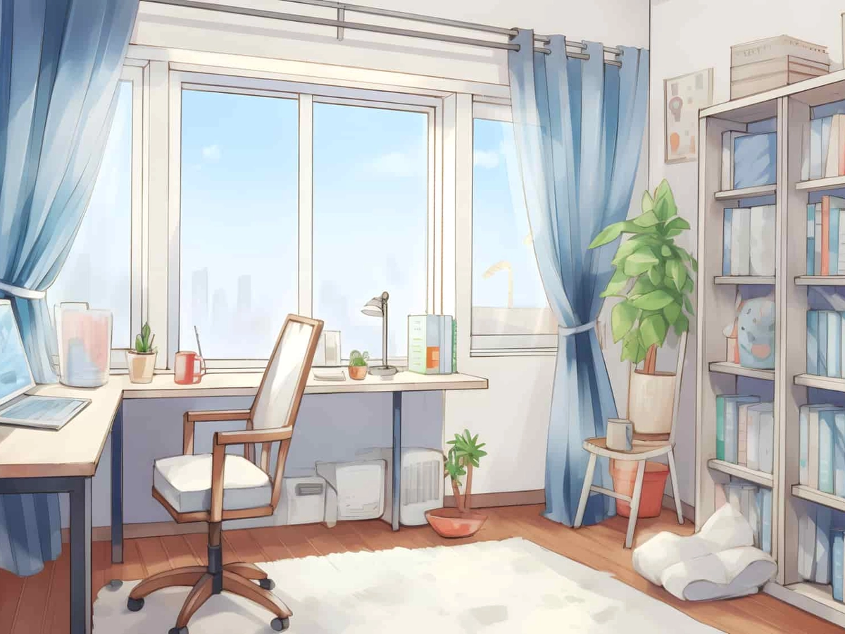 落ち着いた雰囲気の書斎の水彩イラスト