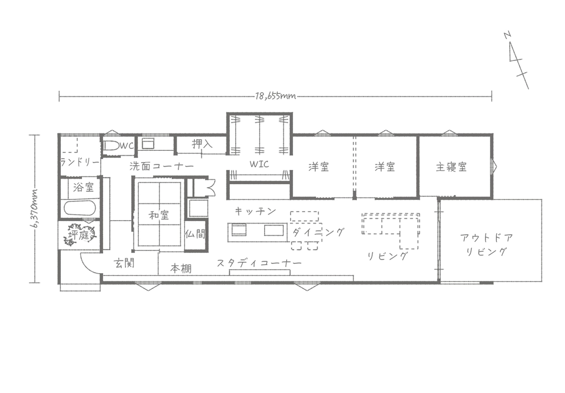 キッチンを中心にした回遊動線の平屋の1階の間取り