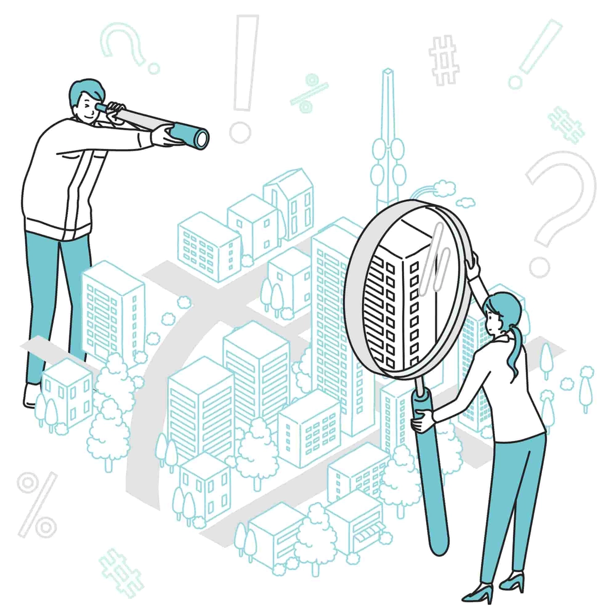 街づくりを調査する作業員とOL