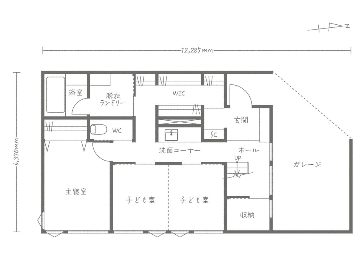 1階の間取り図(生活動線・来客動線を考えた回遊動線の家)