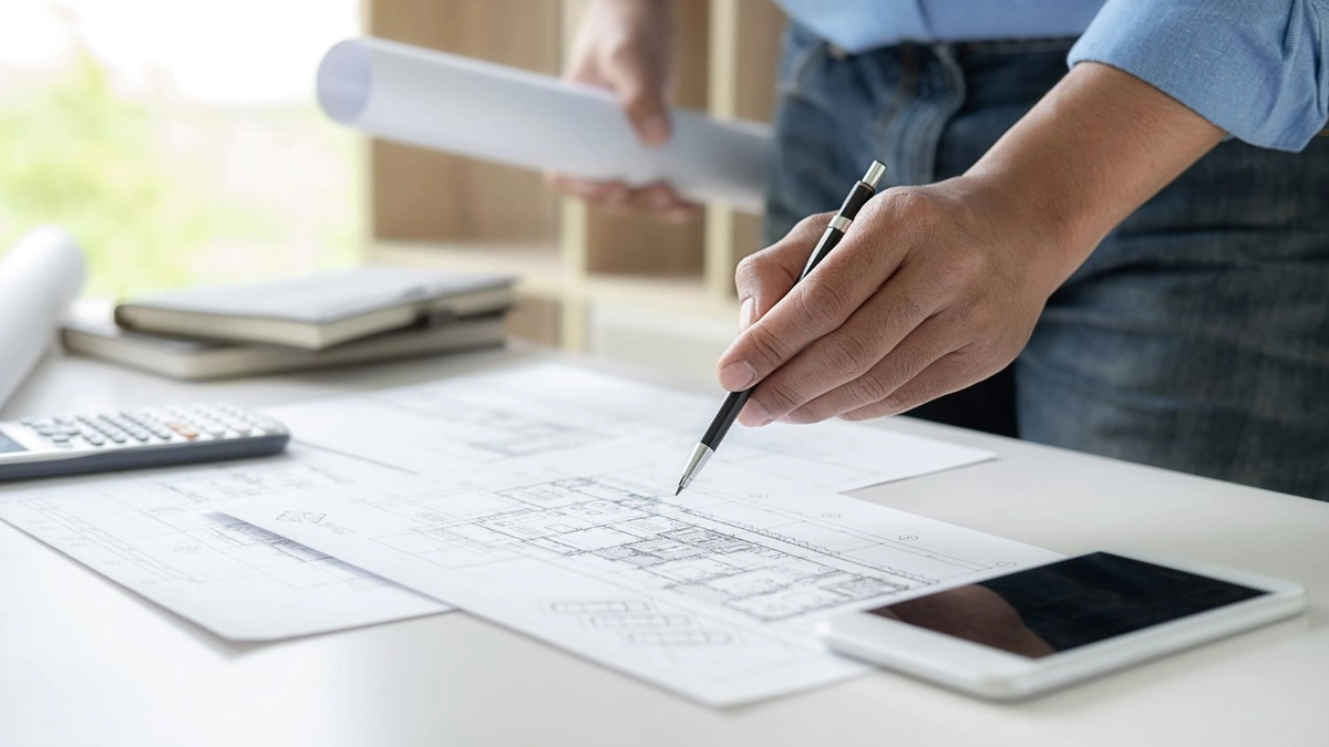 設計図と建物の模型を使ってオフィスで作業する建築家