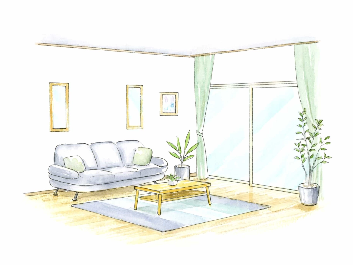 ソファとテーブルとラグが置かれた大きな窓のあるリビングの線画