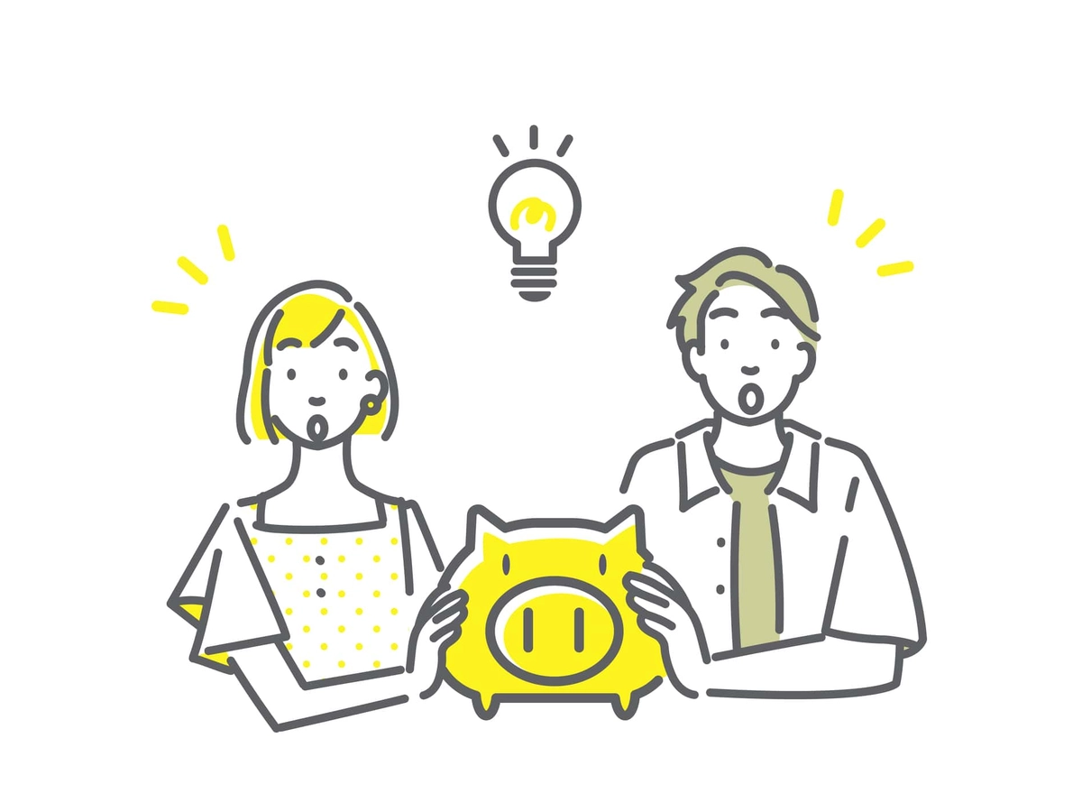 貯金箱とひらめいた顔の夫婦