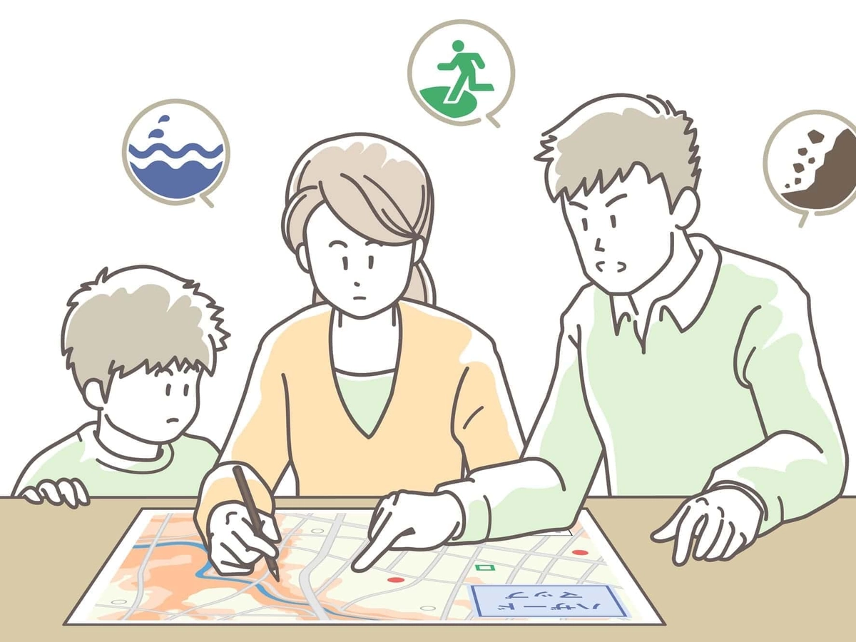 ハザードマップで避難経路を確認する家族のイラスト