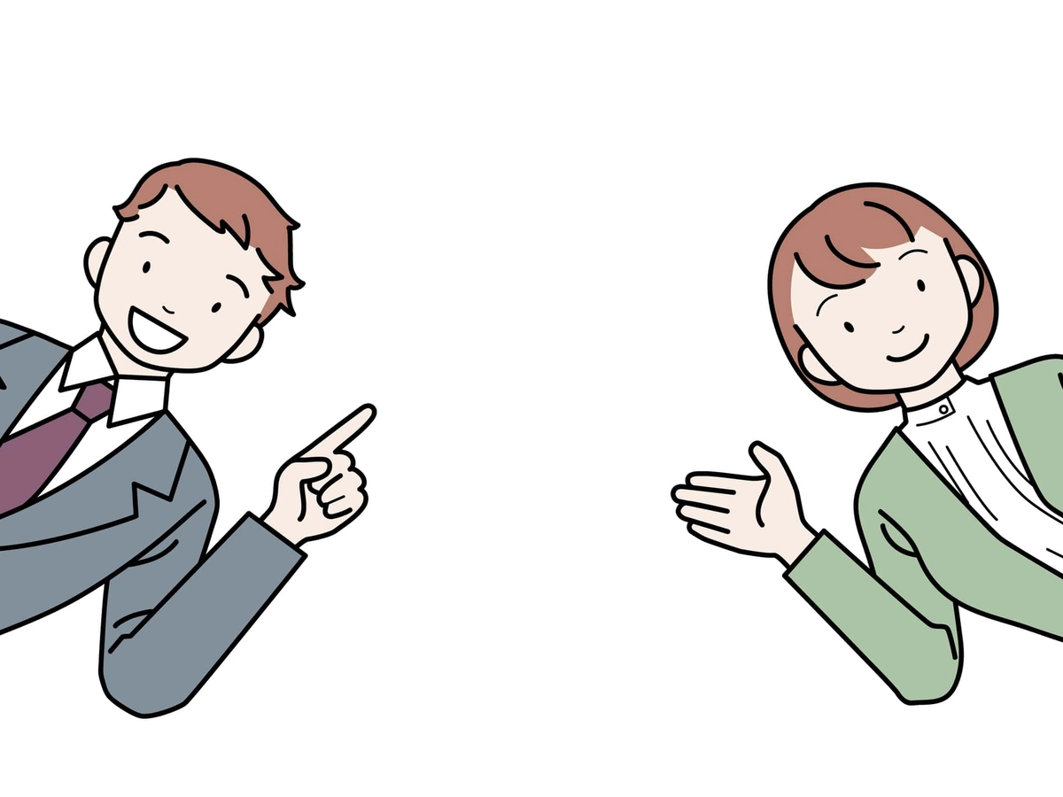 横から顔を出し説明する笑顔でスーツを着た若い男女