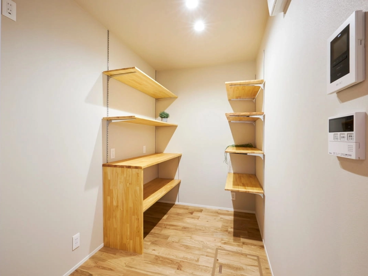 備え付けの木製棚があるパントリー