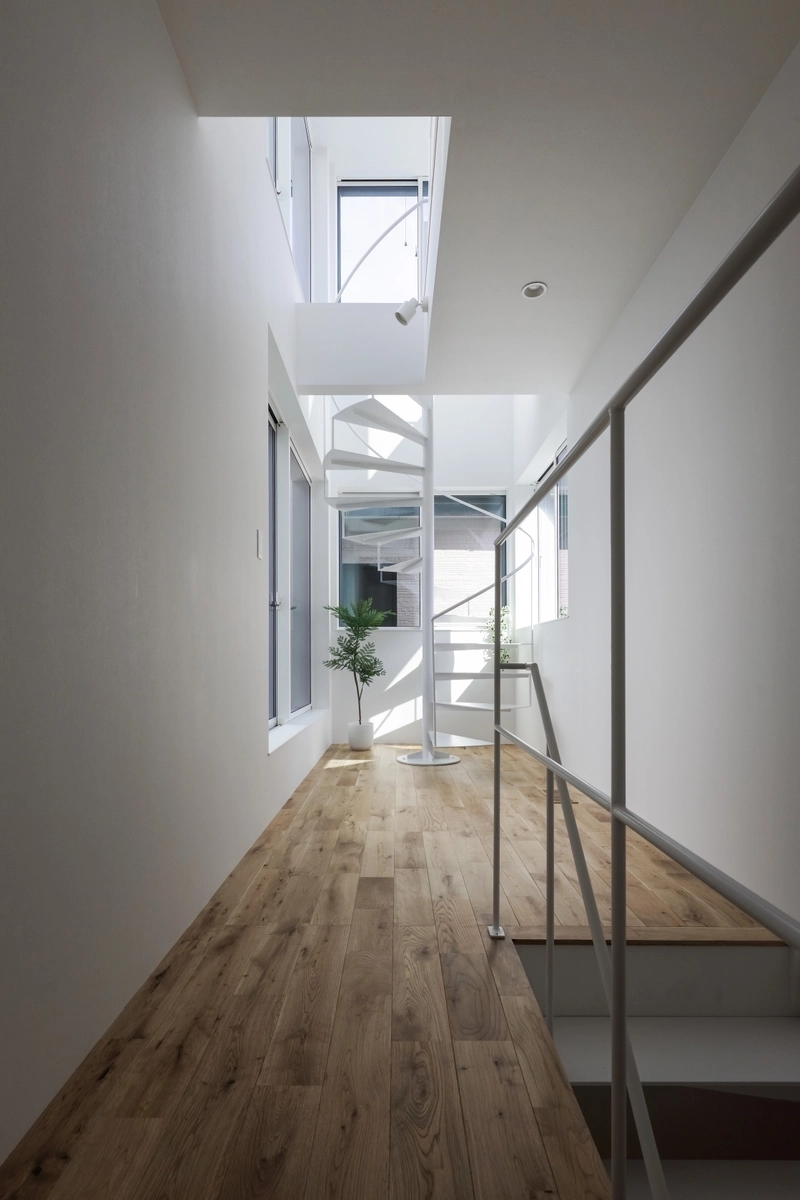 垂直に伸びる光の井戸のような螺旋階段