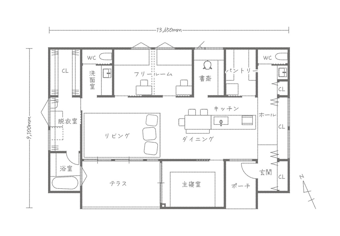フリールームや書斎を備えた平屋の住宅間取り図