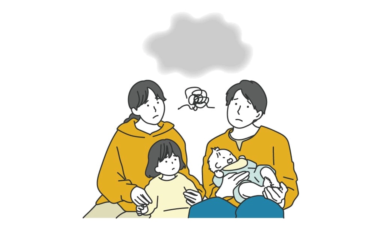 悩む夫婦と子どもの家族のシンプルイラスト