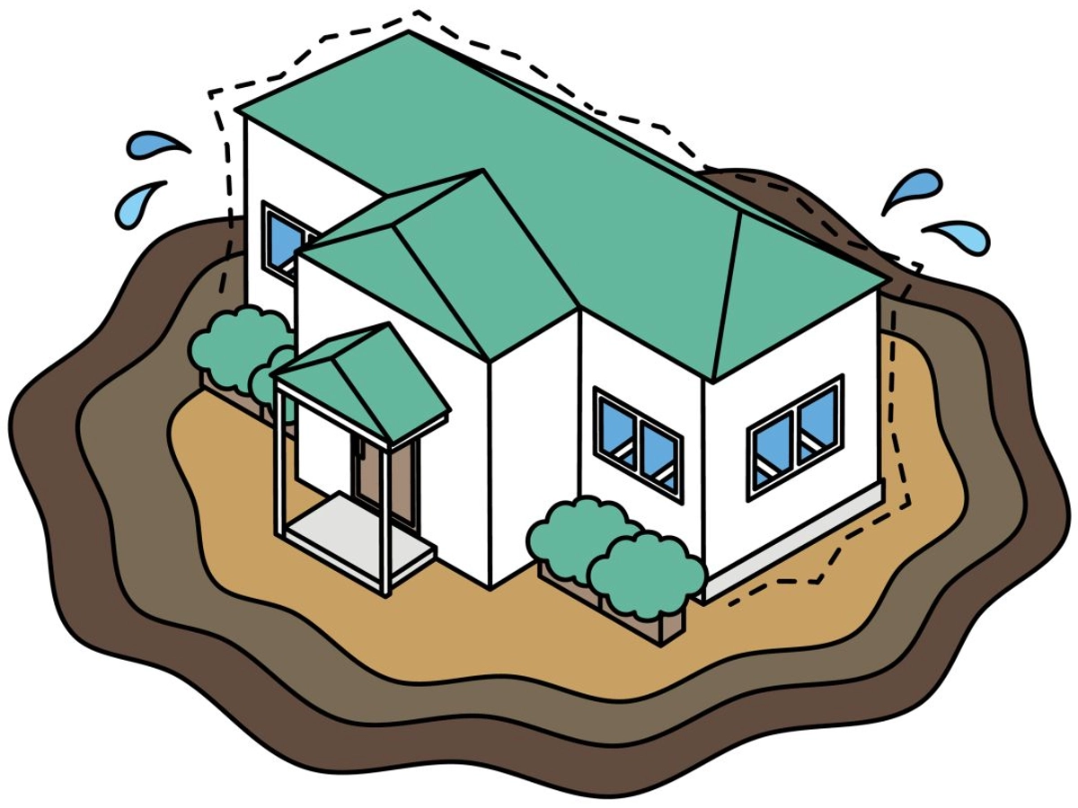 液状化による地盤沈下で沈んでしまった住宅イラスト