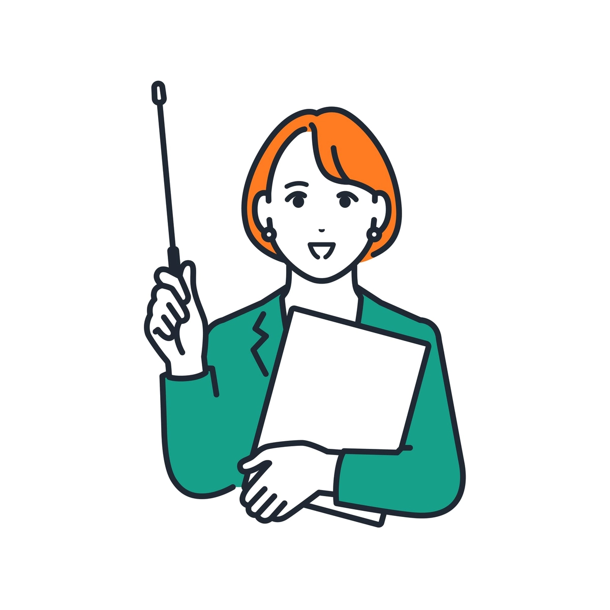 指示棒を持って説明するスーツを着た女性