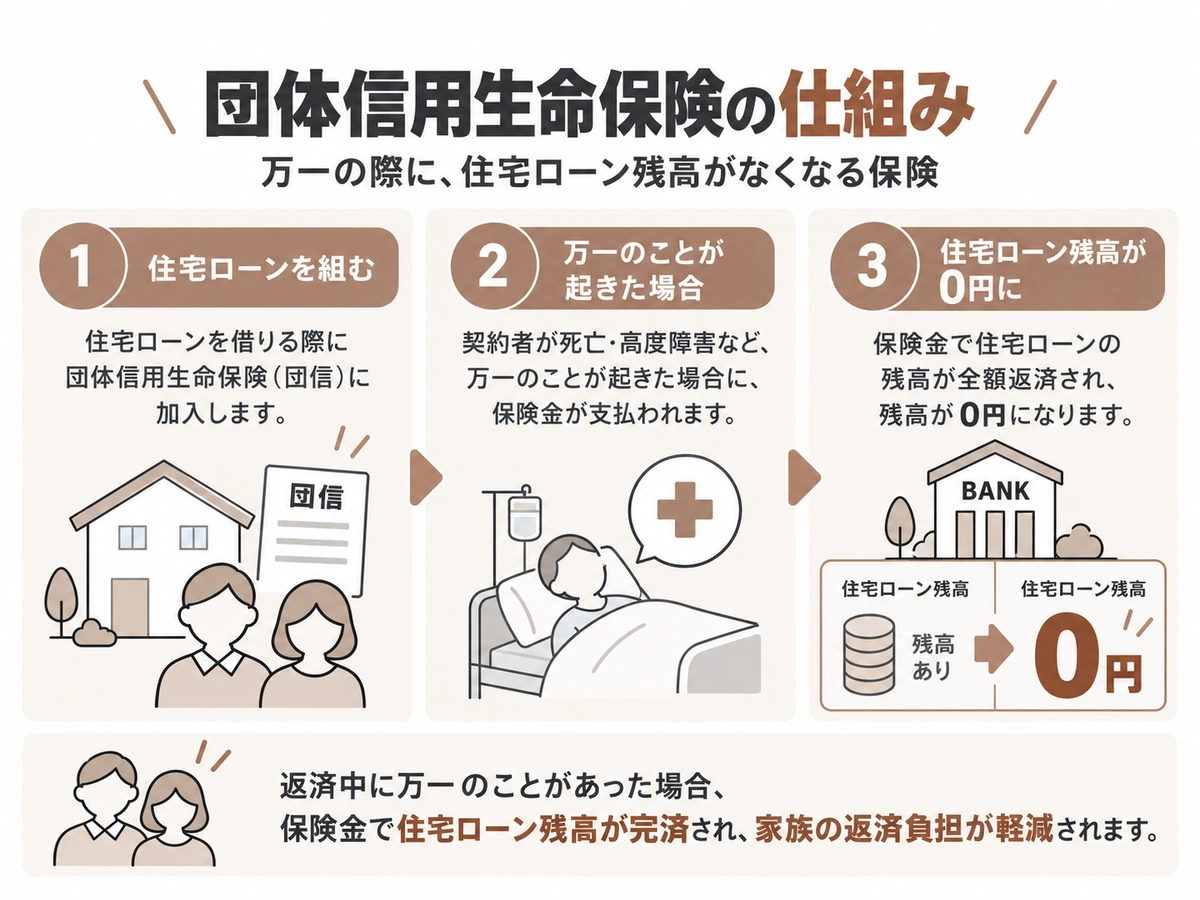 団体信用生命保険の仕組み（万一の際にローン残高がなくなる）を説明する図