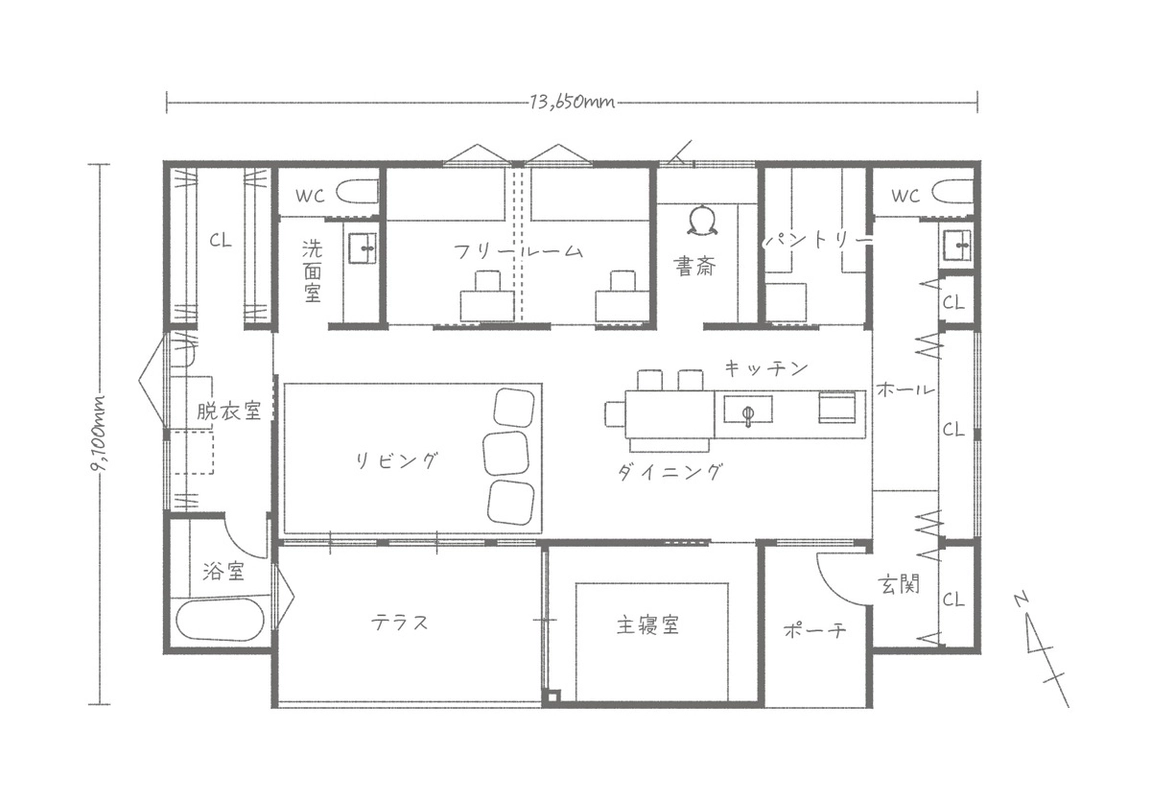LDKを中心に主寝室や書斎を配置した平屋の間取り図