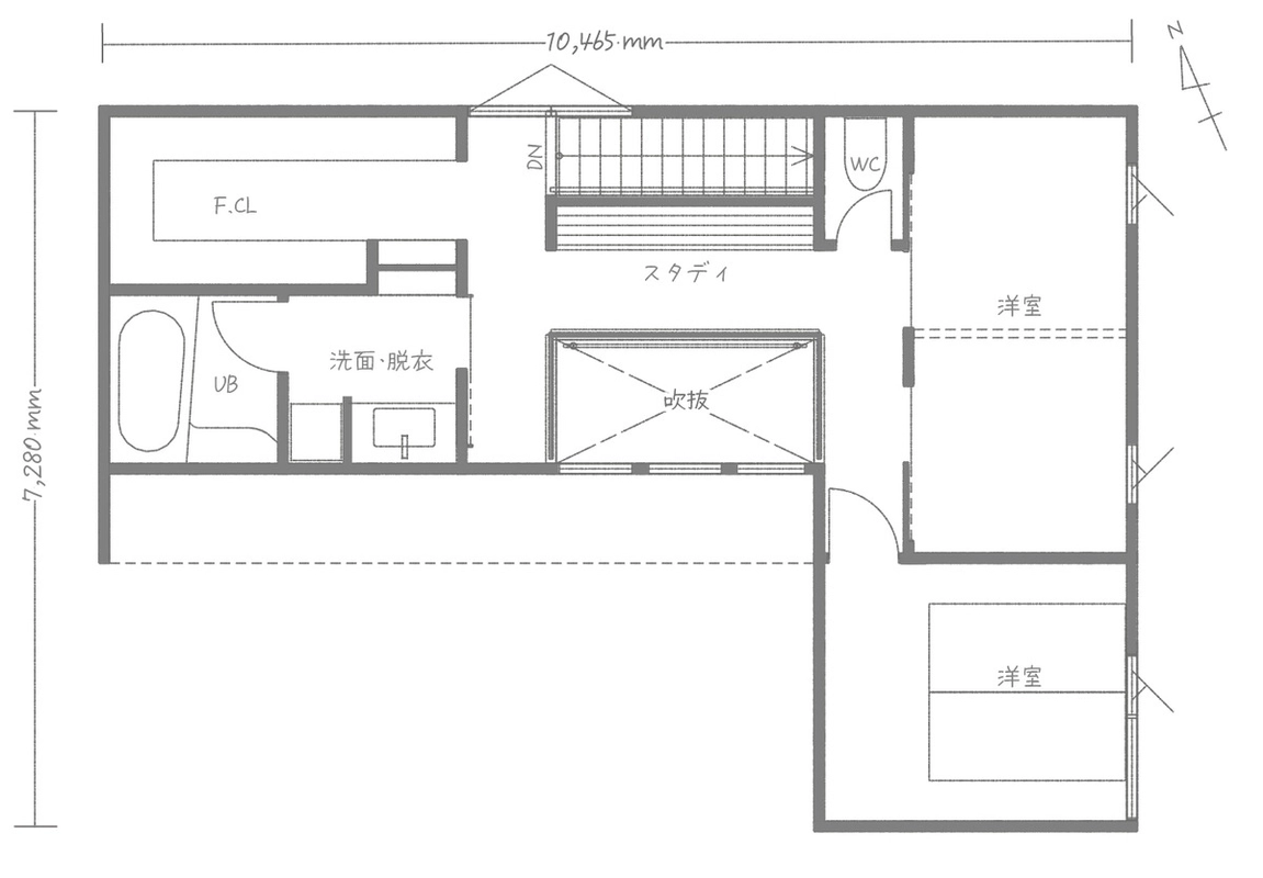 大きな吹き抜けを中心に洋室やスタディスペースを配置した2階の間取り図