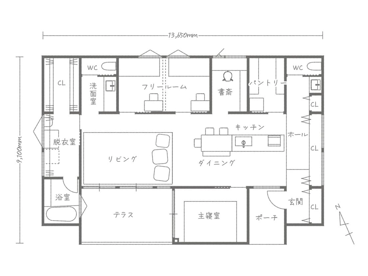 家事動線を意識した4人家族の平屋の間取り図