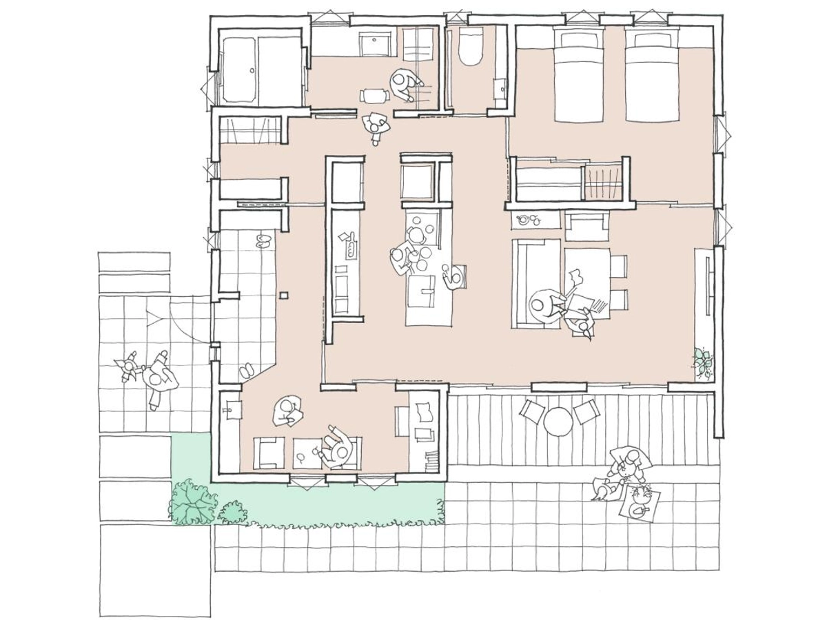 ウッドデッキや趣味スペースのあるバリアフリーな平屋