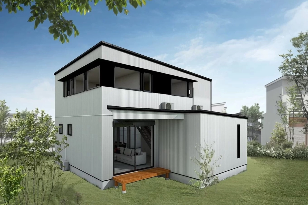 ゆったりプライベートテラスと、 2種の吹き抜けのある家