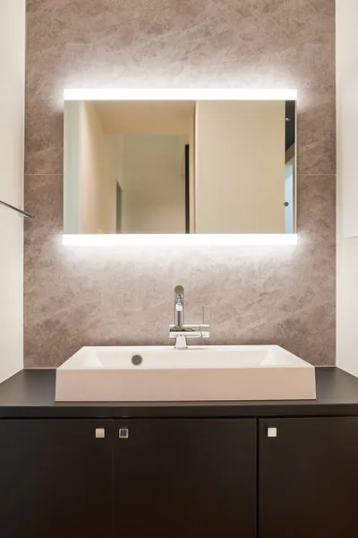 凛と佇み 家族を灯す家の洗面所