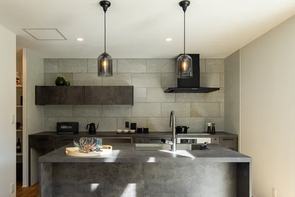 丘の上のランドマークな家のキッチン・アクセントウォール