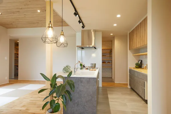 光庭のある 明るく開放的なLDKのキッチン