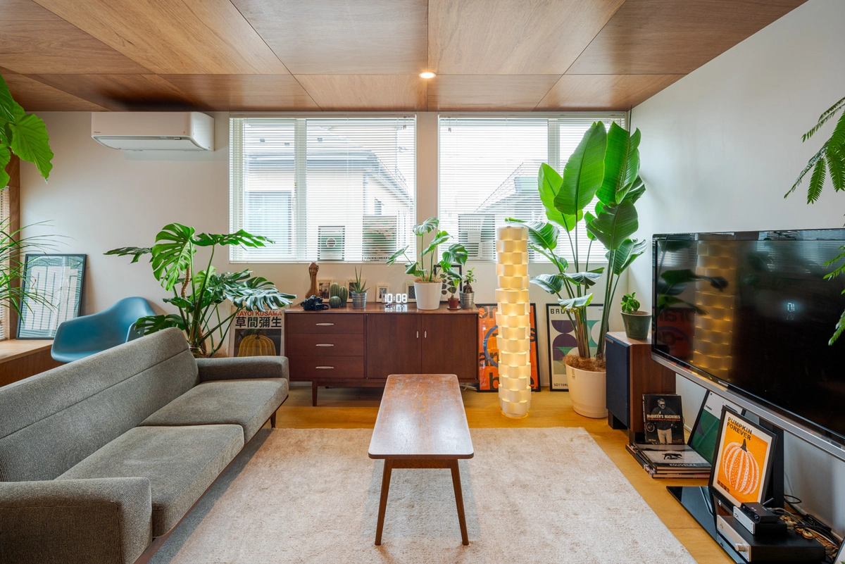 光を導くミッドセンチュリーの家のリビング