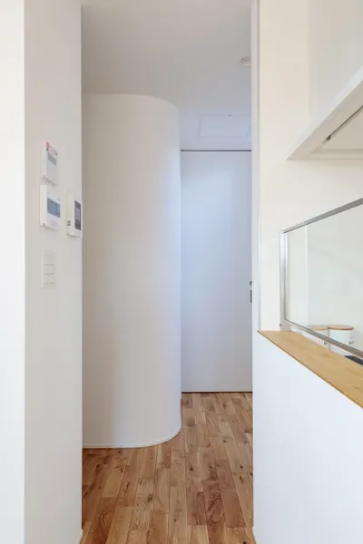 光と観葉植物が映える家のRの壁