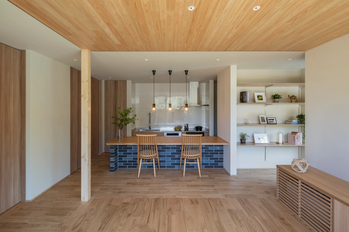 風景に溶け込むコンパクト平屋のリビング・キッチン